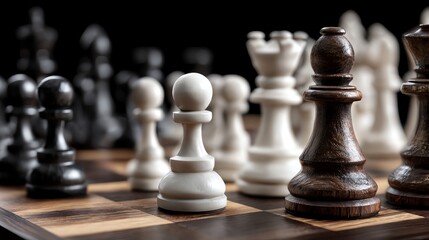 Close-up of a chessboard with pieces in a strategic setup, illustrating the game's complexity and intellectual challenge.
