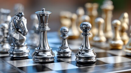 A close-up view of a chessboard with finely crafted pieces in silver and gold, showcasing strategic gameplay and thoughtful moves.