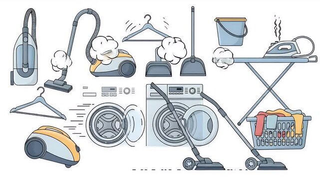 Various Cleaning Supplies and Appliances White Background