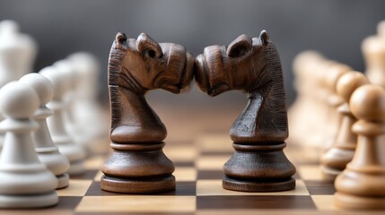 Two intricately carved chess pieces face off in a strategic game, symbolizing competition and intellectual challenge.