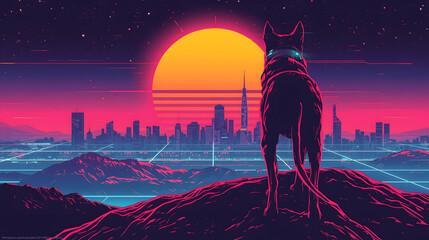 A majestic wolf with glowing blue eyes stands on a mountain overlooking a vibrant, retro-futuristic city at sunset in a synthwave style.