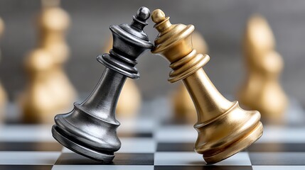 Close-up of a chess game, featuring two king pieces in focus. A strategic battle of wits on a checkered board.