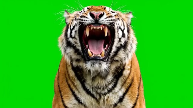 A majestic tiger roars intensely, mouth wide open with sharp fangs exposed on a vivid green background, symbolizing raw power and fierce wildlife for dynamic media