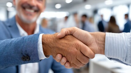 Close-up of a handshake between two business professionals, symbolizing partnership and agreement in a modern office environment.