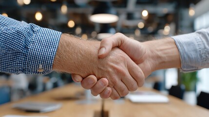 Two professionals shake hands in a modern office, signaling a successful agreement and collaboration in a corporate environment.