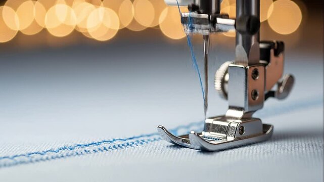 Close Up Sewing Machine Needle Working on Blue Fabric Bokeh Background