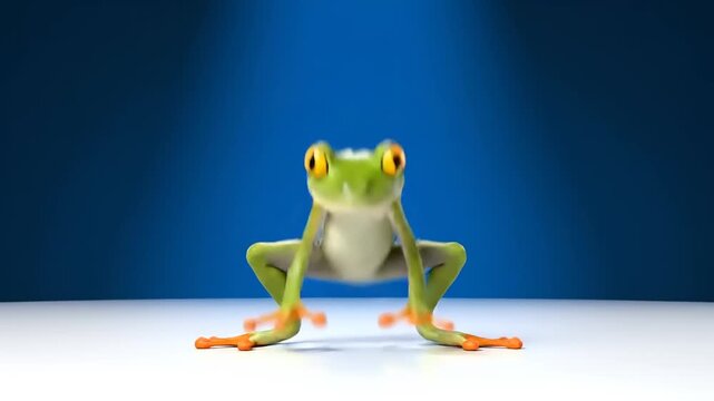 A charming, digitally rendered green tree frog with vivid orange eyes captured in a clean, brightly lit studio setting, exuding a lively and curious demeanor