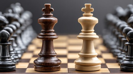 A close-up view of a chessboard featuring contrasting black and white kings, symbolizing strategy and intellect in the game of chess.