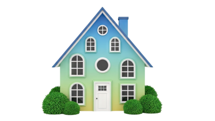 Cartoon House with Gradient Colors and Green Bushes