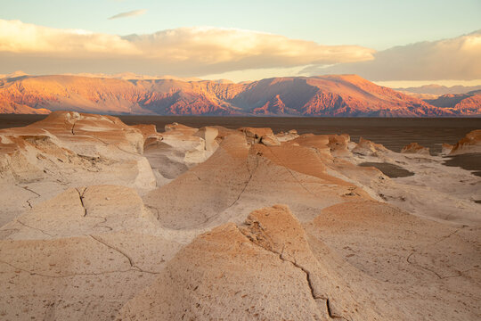 Pumice Stone Field Landscape with Mountains at Sunset in Catamarca, Argentina