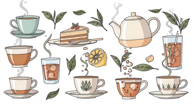 Various Tea Cups and Dessert Elements with Leaves and Lemon Slice