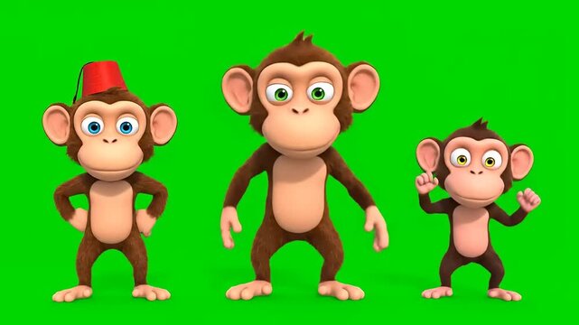 Three playful cartoon monkeys standing on a green screen background, perfect for animation or educational content