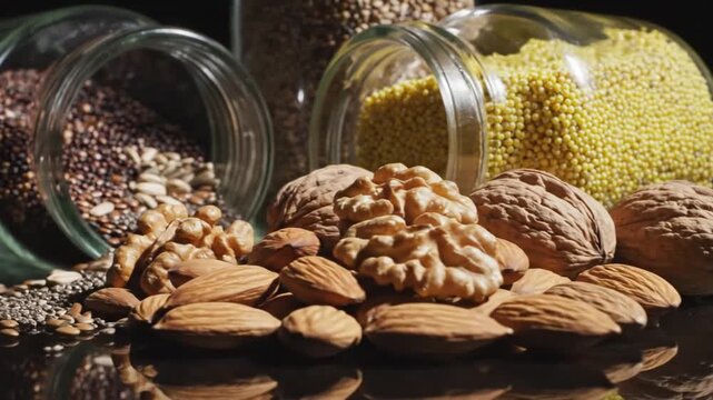 Assorted Healthy Seeds And Nuts In Glass Jars Still Life Arrangement On Dark Background
