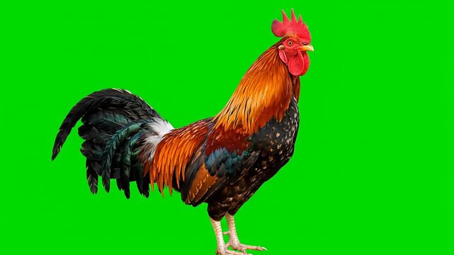 A vibrant rooster with detailed plumage stands proudly against a green screen backdrop, showcasing its majestic presence and colorful feathers