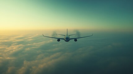 Naklejka premium Airplane flying above clouds at sunset, aerial view of flight.