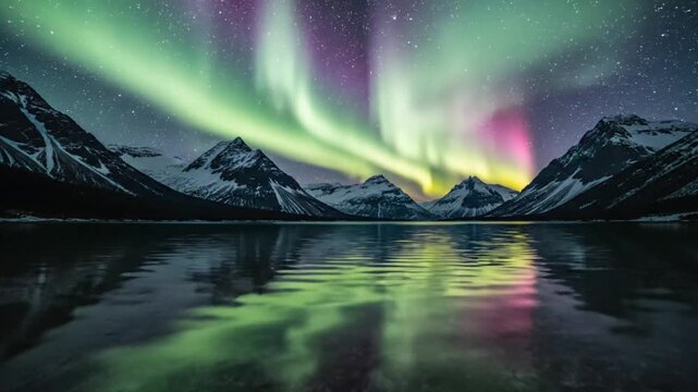 Stunning Aurora Borealis Reflected in Icy Lake Amidst Snowy Mountains