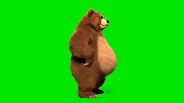 Friendly animated brown bear character standing on a vibrant green screen background, ready for chroma key compositing in diverse video projects and educational media