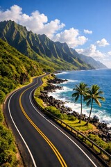 Fototapeta premium Winding Coastal Road Hugging Lush Mountains and Crashing Ocean Waves Below