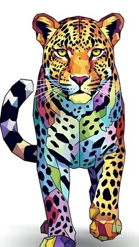 Vibrant Pixelated Leopard Portrait In Rainbow Colors On White Background