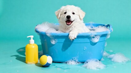 White puppy in blue tub with soap bubbles