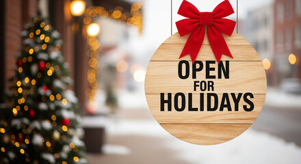 Open for Holidays" in bold black text on white, accented with small red bow at top for holiday color.