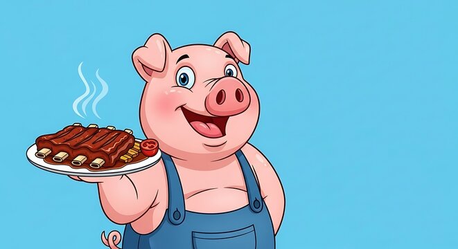 Happy Pig Chef Serving Delicious Ribs - A Cartoon Illustration.