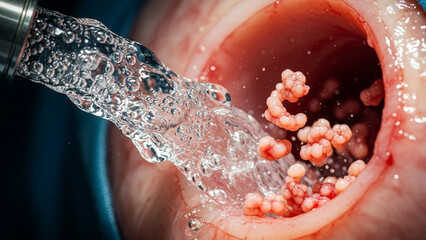 Fototapeta premium Nasal polyp removal Water jet spraying into pink organic structures inside a tube