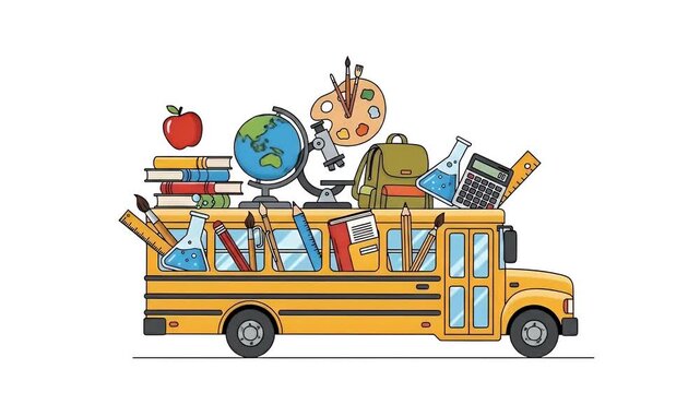 Yellow School Bus Loaded With Art Supplies Books and Science Gear