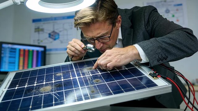 A man is looking at a solar panel with a magnifying glass. He is examining the panel for any damage or defects