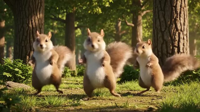 Adorable cartoon squirrels dancing together in a sunny forest clearing, bringing joy and fun to the scene