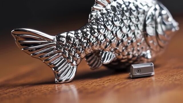 Shiny Silver Fish Ornament in Artistic Arrangement, Close-Up Macro Details