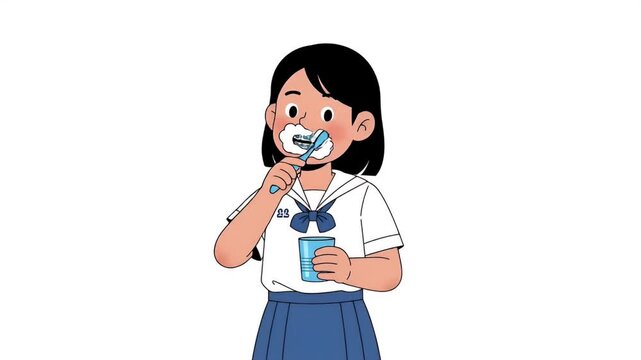Young Girl Brushing Teeth White Background Animation Footage