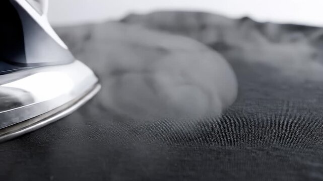 Iron Steams and Presses Wrinkles Out of a Black Shirt in Close Up