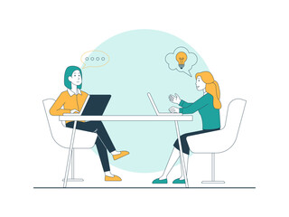 Fototapeta premium Two businesswoman engaged in a business meeting or consultation. Brainstorming illustration. Flat vector concept.