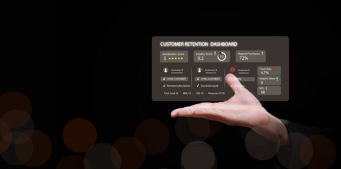 Customer relationship management concept. Client retention dashboard on hand with user satisfaction scores, loyalty metrics, churn rate data. consumer loyalty, subscription, business intelligence.