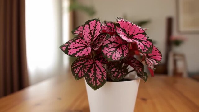 Polka Dot Plant in a White Pot on a Wooden Table with Natural Light
