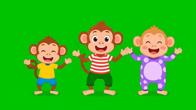 Playful cartoon monkey characters in various cheerful poses, isolated on a bright green screen, ideal for engaging children's media and animated projects