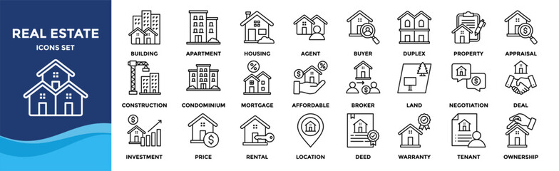 Real estate icon set collection. Icon pack contains property, housing, building, apartment, condo, land, mortgage, rental, tenant, affordable