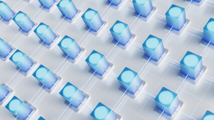 Abstract grid of server-like cylinders linked by digital flows