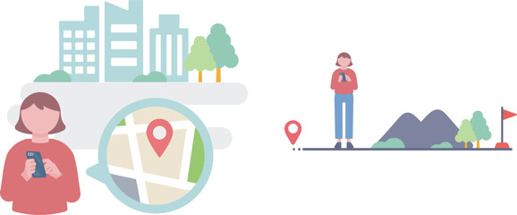 出先でスマホの地図を見る女性のイラスト &ndash; 位置確認とナビゲーション