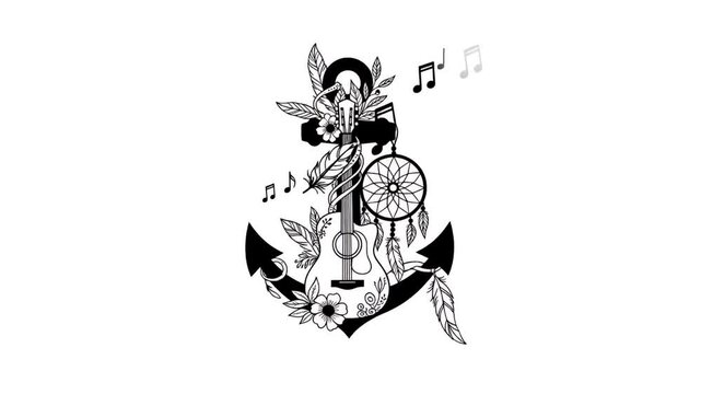 Whimsical Anchor Illustration With Flowers Birds and Music Notes