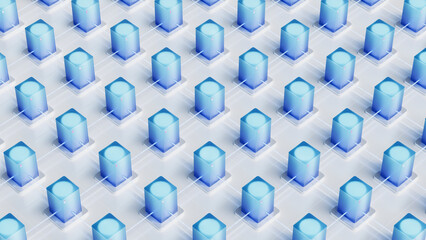 Abstract grid of cylindrical data units on square bases, representing scalable cloud architecture