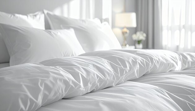 Serene Bedroom Scene - Crisp White Bedding and Soft Lighting.