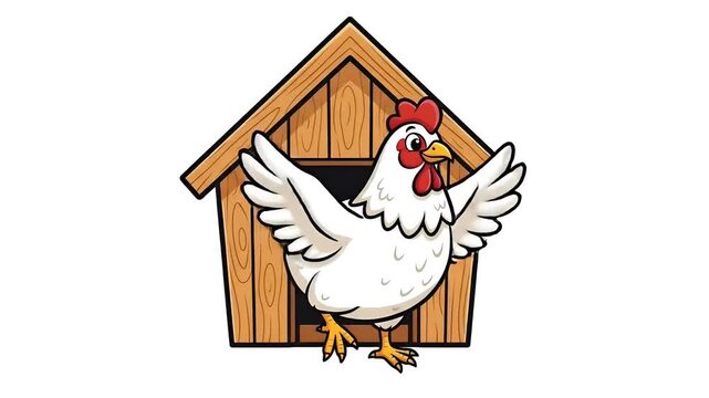 White Chicken Standing Outside Wooden Coop Poultry Farm Footage