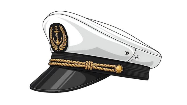 White Captains Hat With Gold Anchor Emblem And Rope Detail