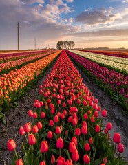 Vibrant Tulip Fields at Sunrise - A Colorful Dutch Landscape.