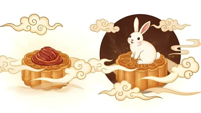 White Rabbit on Mooncake With Clouds Golden Light on Dark Background