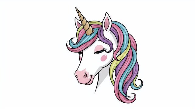 White Unicorn Head With Colorful Mane And Horn On White Background