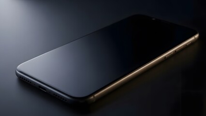 A smartphone with a sleek black screen and gold trim lies on a dark surface, illuminated by a subtle light source from above