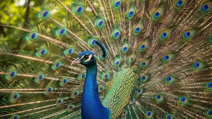 Obraz premium Magnificent Peacock Displaying its Iridescent Plumage in a Verdant Environment